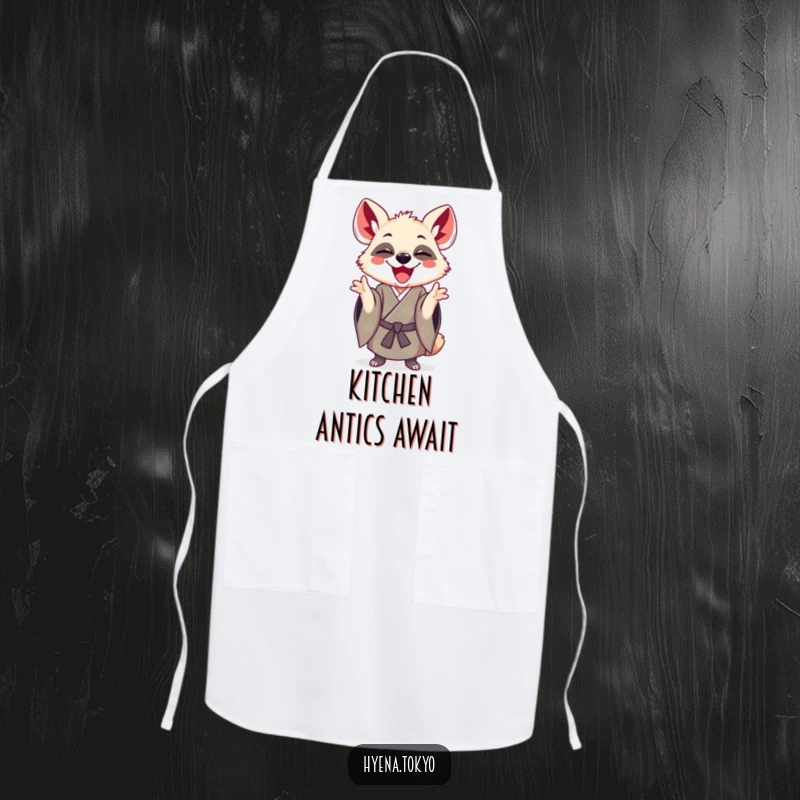 Funny hyena wearing a kimono and gesturing playfully, featured on a practical apron for humorous kitchen use.