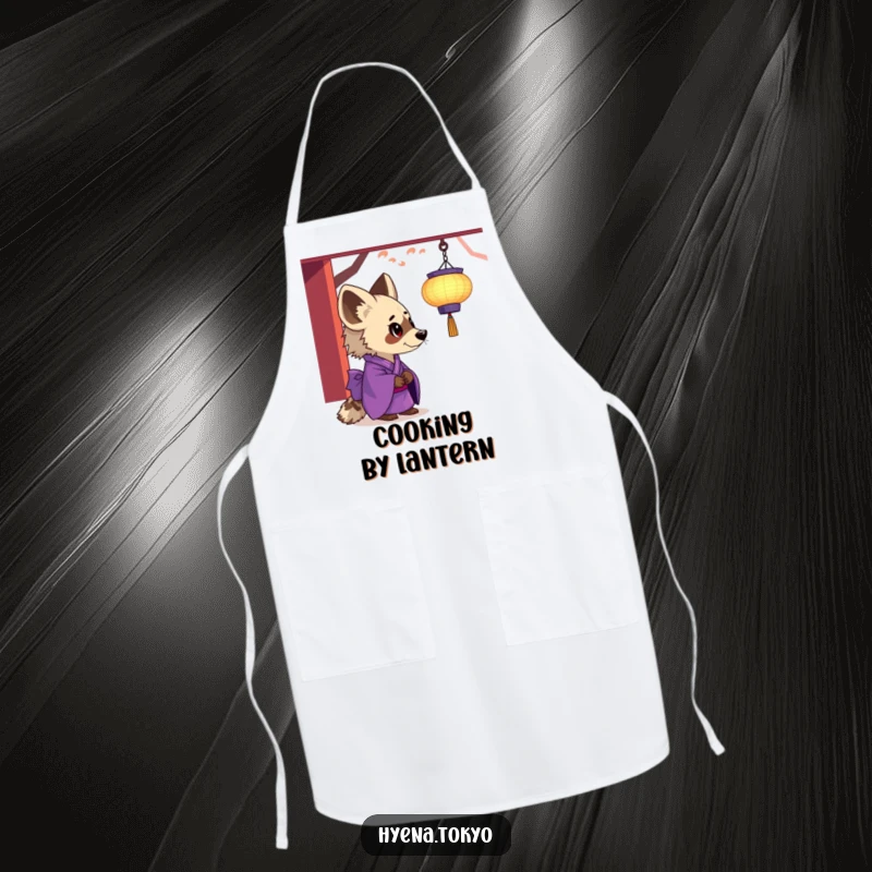 Funny hyena apron, purple kimono, fascinated by a floating lantern, calm and humorous kitchenware, perfect funny gift.