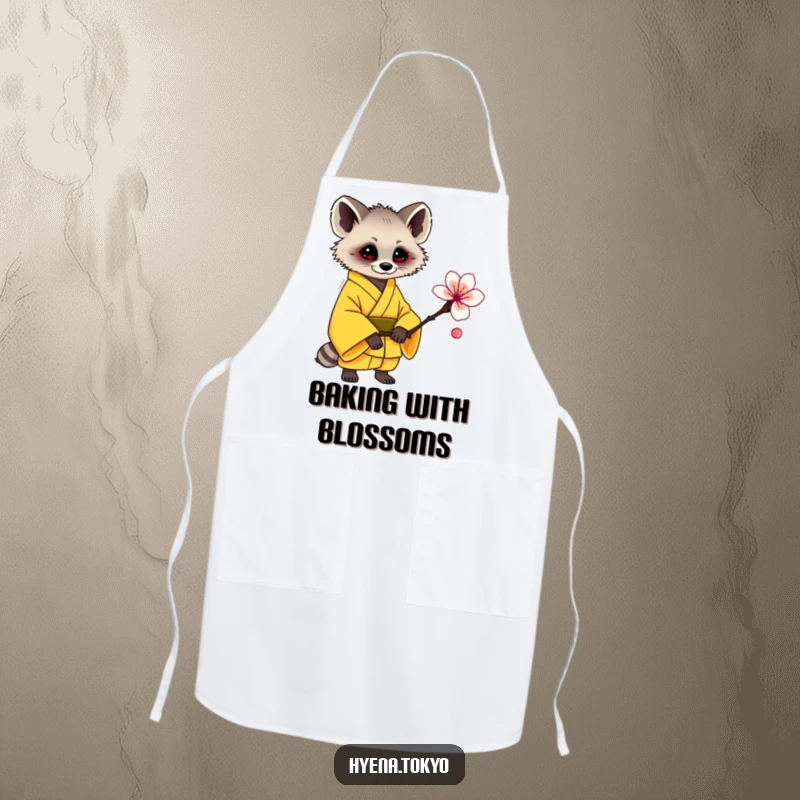 Funny hyena apron, yellow kimono, offering a plum blossom, kind and humorous kitchenware, perfect funny gift.