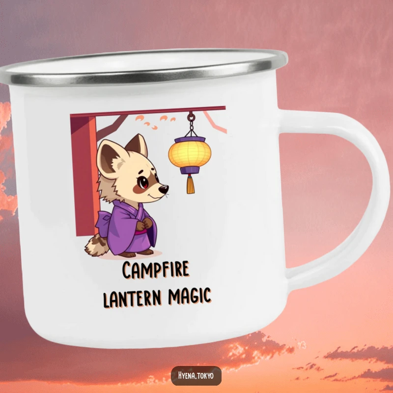 Funny hyena camping mug, purple kimono, fascinated by a floating lantern, durable and enchanting, ideal funny gift.