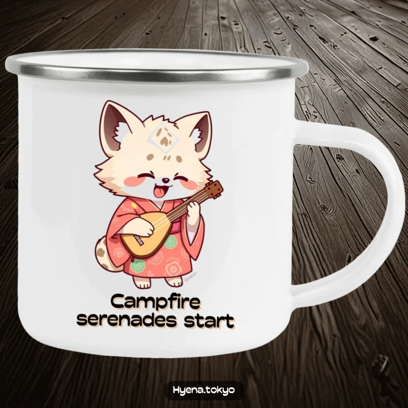 Funny hyena shamisen camping mug with a hyena in a kimono playing music, designed for outdoor enthusiasts who love humor.