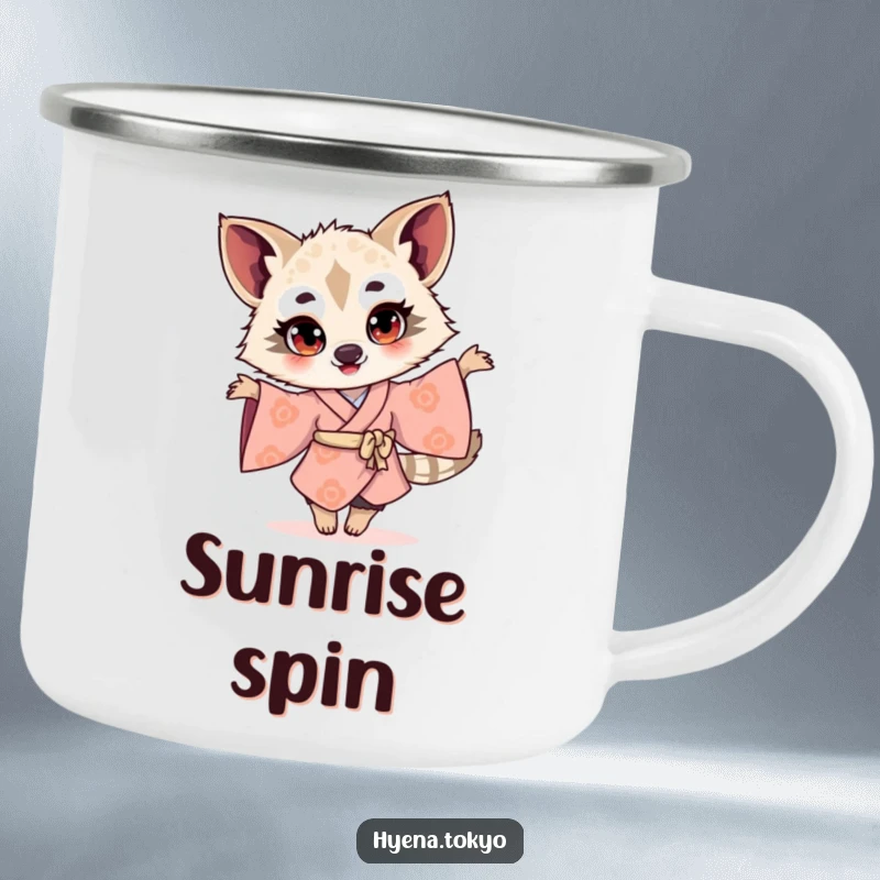 Funny hyena illustration in a kimono twirling with bright eyes, depicted on a durable camping mug for joyful and humorous outdoor enjoyment.