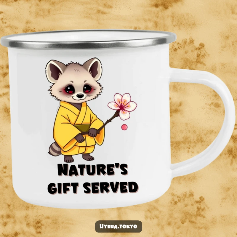 Funny hyena camping mug, yellow kimono, offering a plum blossom, durable and sweet, ideal funny gift.