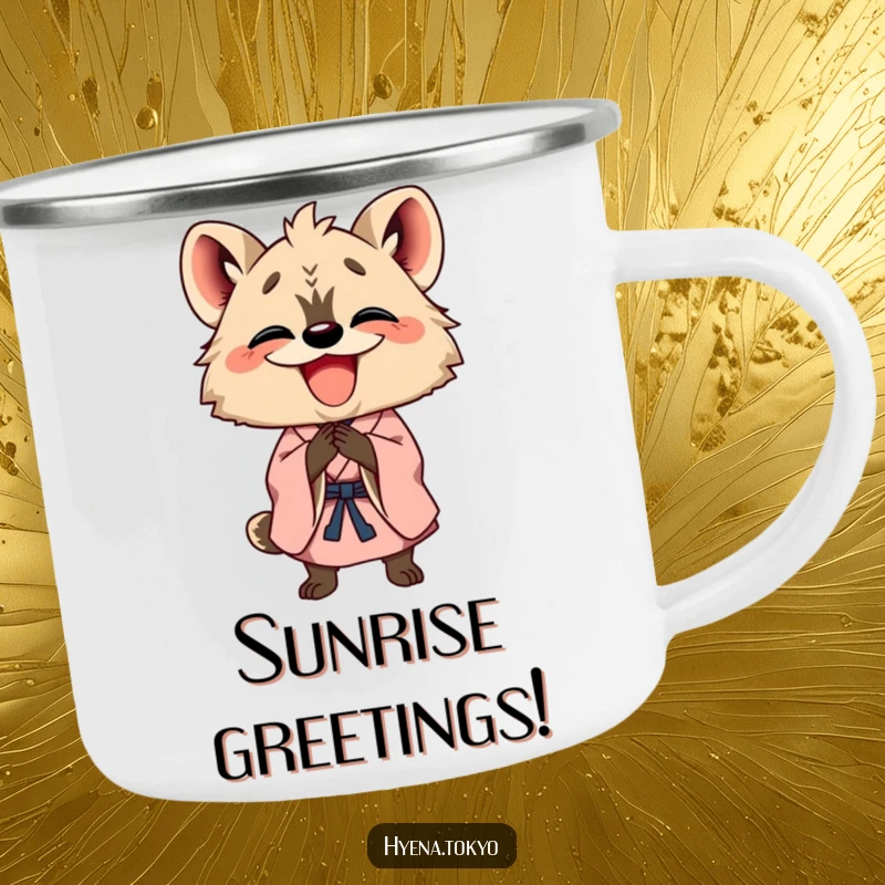 Funny happy hyena in a kimono bowing with a wide grin, depicted on a durable camping mug for cheerful and humorous outdoor enjoyment.
