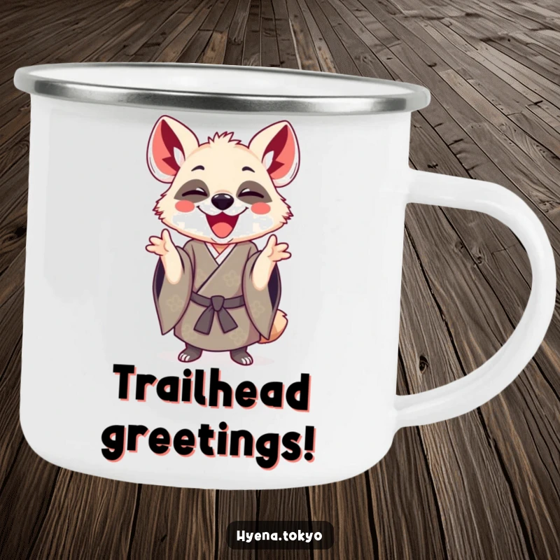 Funny hyena in a kimono making a playful gesture, depicted on a durable camping mug for humorous outdoor enjoyment.