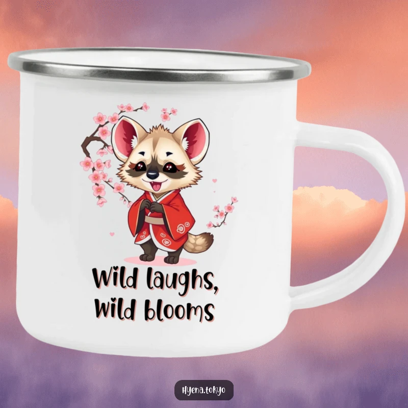 Funny hyena camping mug, red kimono, playfully batting at blossoms, durable and humorous, ideal funny gift for campers.