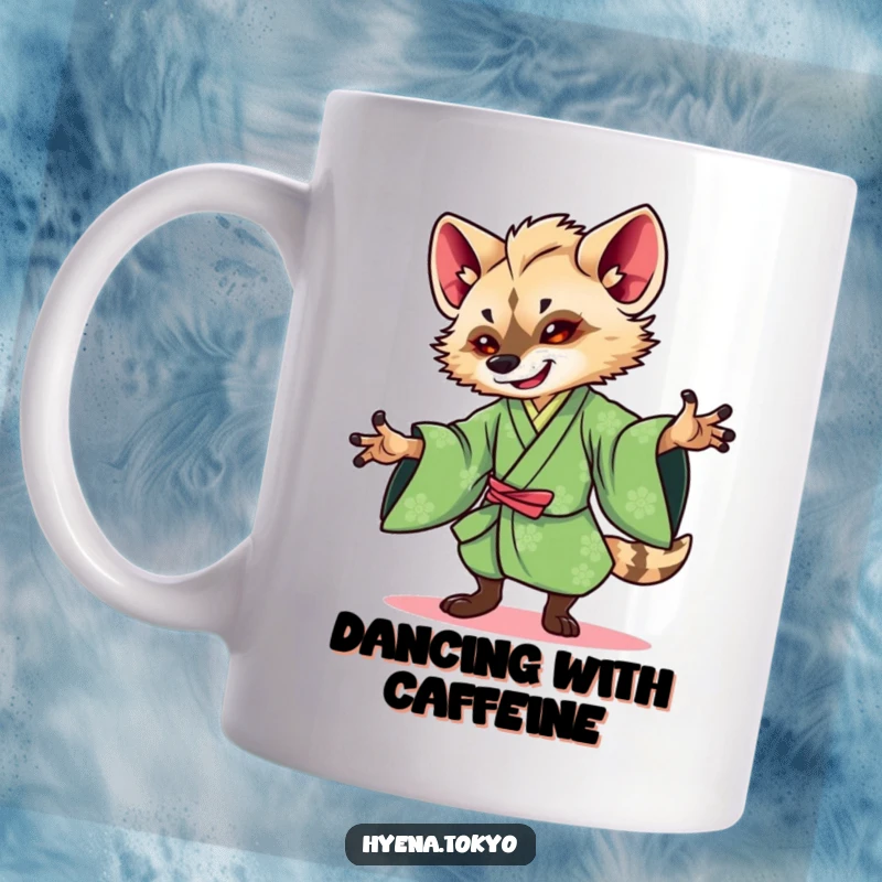 Funny Hyena Kimono Dance Mug: Whimsical hyena character in a vibrant green kimono, performing a graceful dance, artistic and funny.