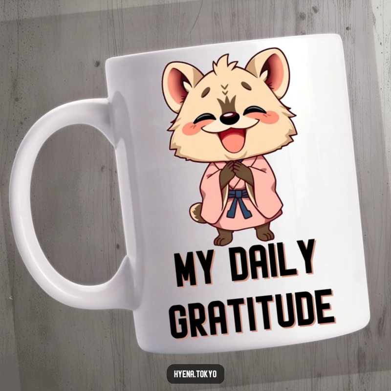 Funny happy hyena in a kimono bowing with a wide grin, expressing cheerful greeting and delightful humor.