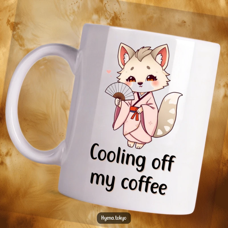 Funny hyena in a flowing kimono gracefully offering a delicate fan, exuding elegance and a hint of playful charm.