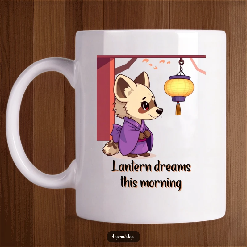 Funny hyena mug, purple kimono, looking with fascination at a floating lantern, serene and humorous, perfect funny gift.