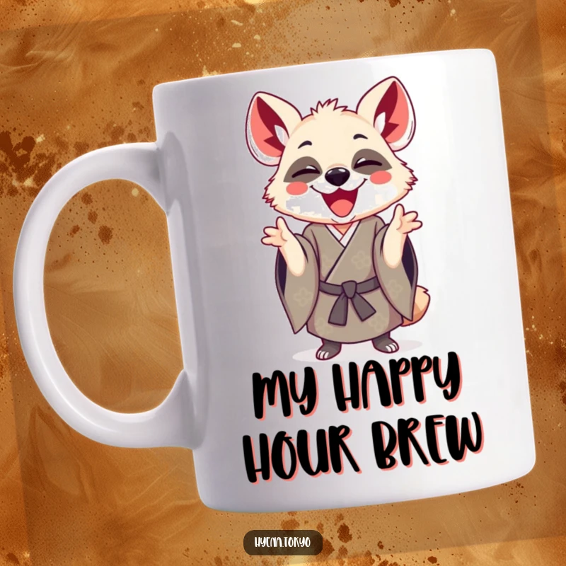 Funny hyena in a traditional kimono gesturing playfully, with a joyful expression on its face, perfect for a lighthearted mug.