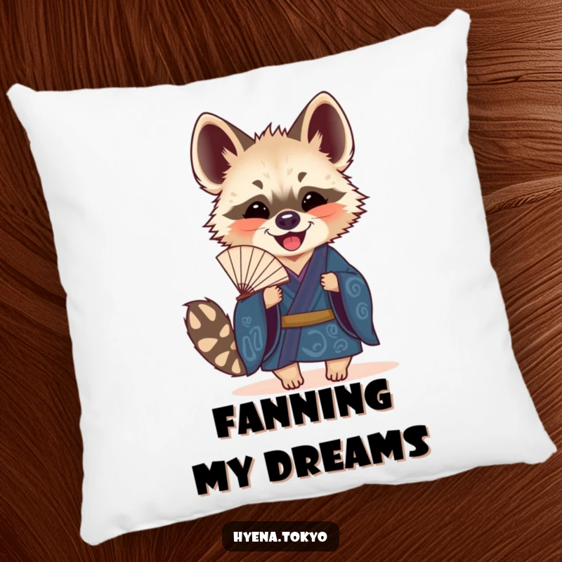 Funny Hyena Pillow: A soft cushion featuring a hyena in a blue kimono holding a decorative fan, perfect for adding elegant comfort.