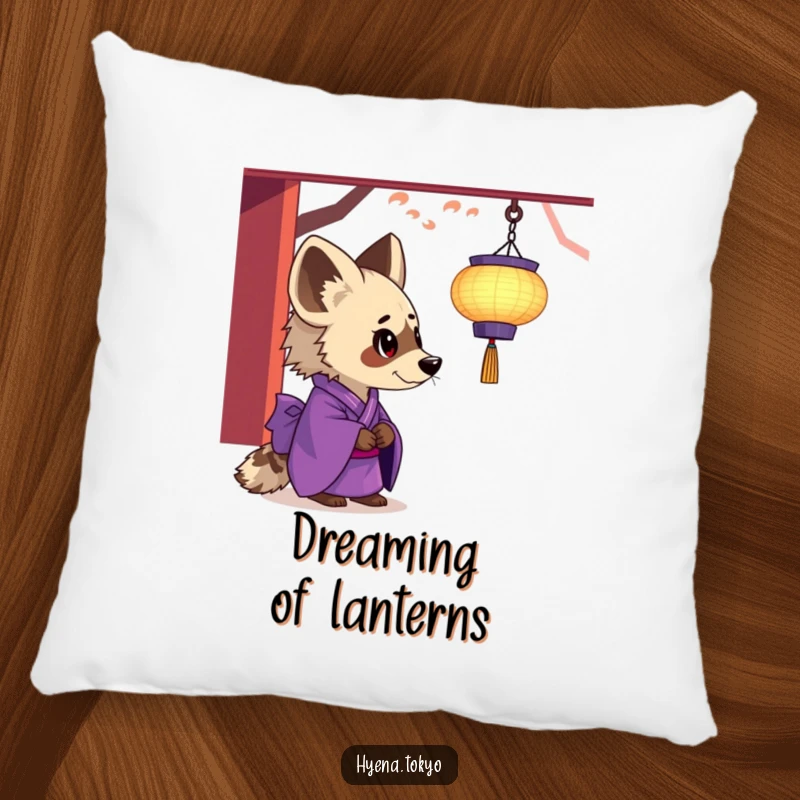 Funny hyena pillow, purple kimono, fascinated by a floating lantern, soft and serene decor, excellent funny gift.