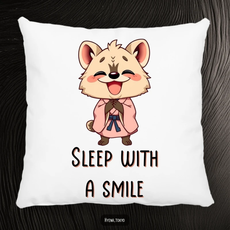 Funny happy hyena in a kimono bowing with a wide grin, depicted on a soft pillow for cheerful and humorous home accents.