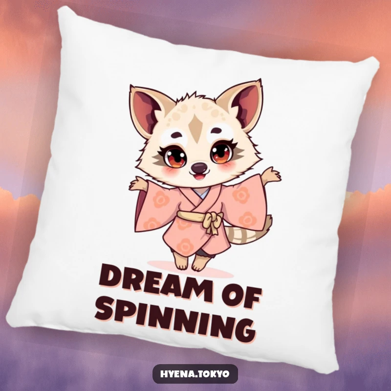 Funny hyena illustration in a kimono twirling with bright eyes, depicted on a soft pillow for joyful and humorous home accents.