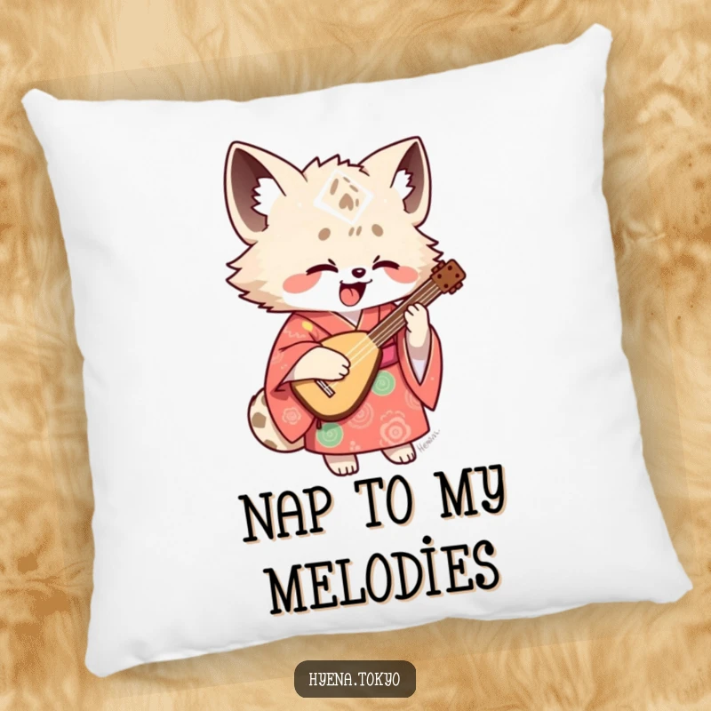 Funny hyena shamisen pillow, plush accent with a hyena illustration in a kimono playing a shamisen, perfect for cozy, humorous spaces.