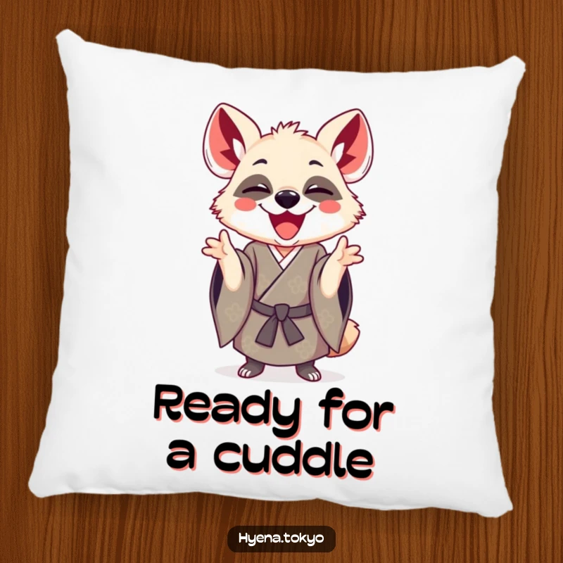 Funny hyena in a kimono making a playful gesture, depicted on a soft pillow, adding humorous comfort to any room.