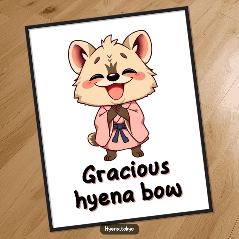 Funny happy hyena in a kimono bowing with a wide grin, rendered as cheerful digital art for humorous and welcoming wall decor.