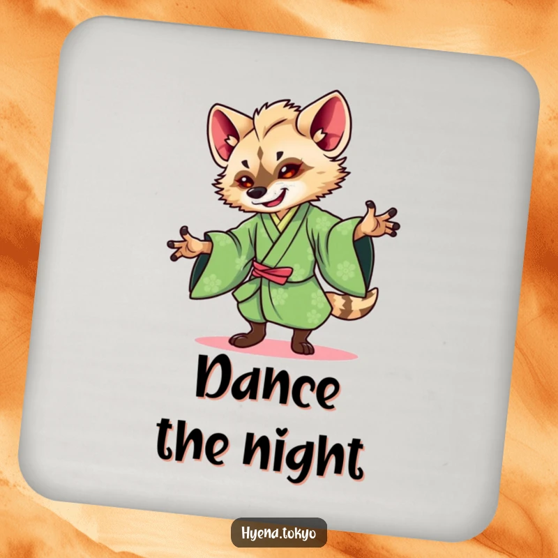 Funny Hyena Kimono Coasters: Set of coasters featuring a hyena in a green kimono dancing gracefully, protecting surfaces with art.