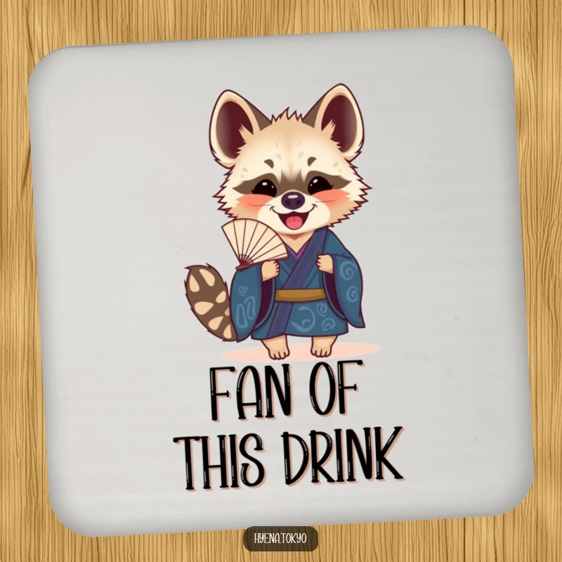 Funny Hyena Fan Coasters: Set of coasters featuring a hyena in a blue kimono holding a decorative fan, protecting surfaces with style.