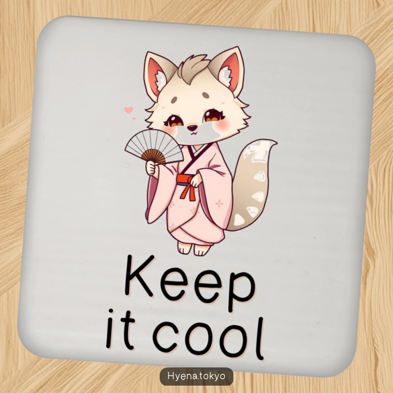 Funny hyena in a kimono offering a delicate fan, featured on a coaster for elegant and humorous surface protection.