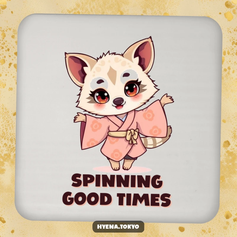 Funny hyena illustration in a kimono twirling with bright eyes, featured on a coaster for joyful and humorous surface protection.