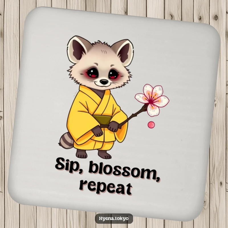 Funny hyena coaster, yellow kimono, offering a plum blossom, sweet and protective, great funny gift.