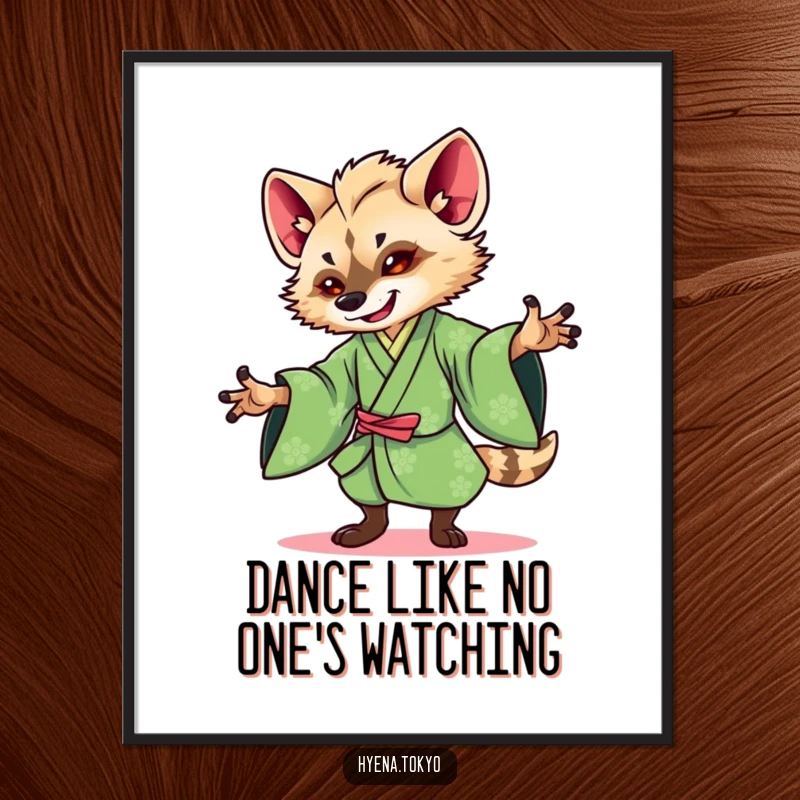 Funny Hyena Kimono Poster: Elegant art of a hyena in a vibrant green kimono performing a graceful dance, visually stunning.