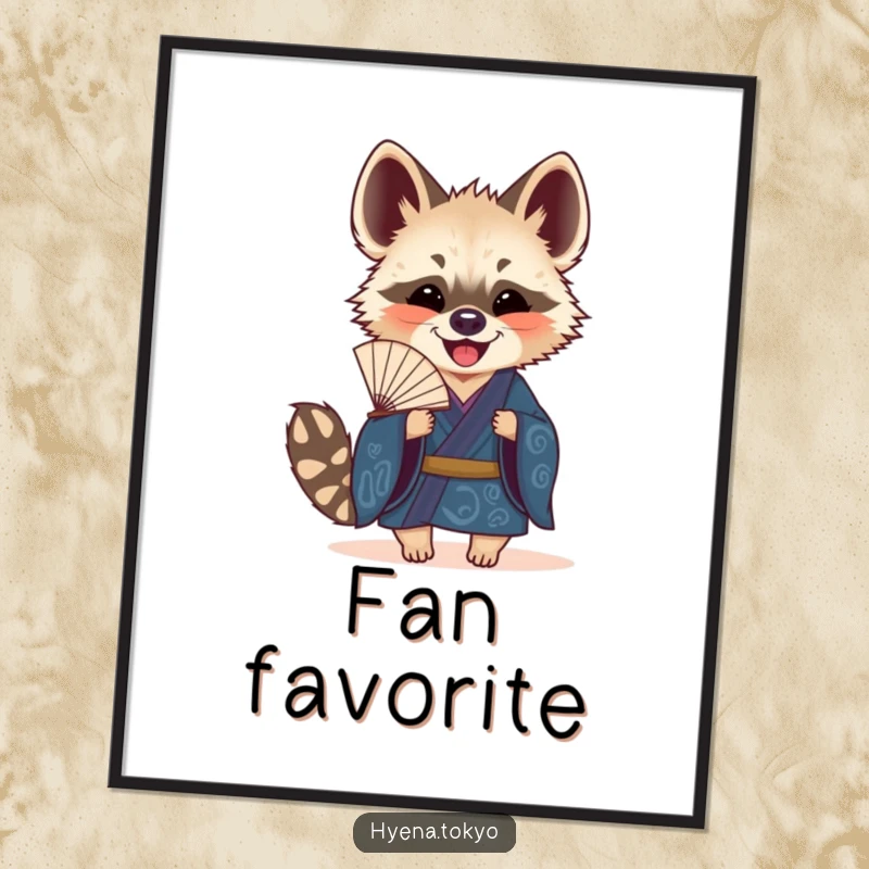 Funny Hyena Fan Poster: Elegant art of a hyena in a deep blue kimono joyfully holding a small, decorative fan, stylish and funny.