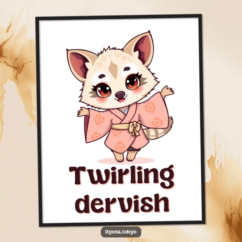 Funny hyena illustration in a kimono twirling with bright eyes, rendered as vibrant wall art for humorous and joyful decor.