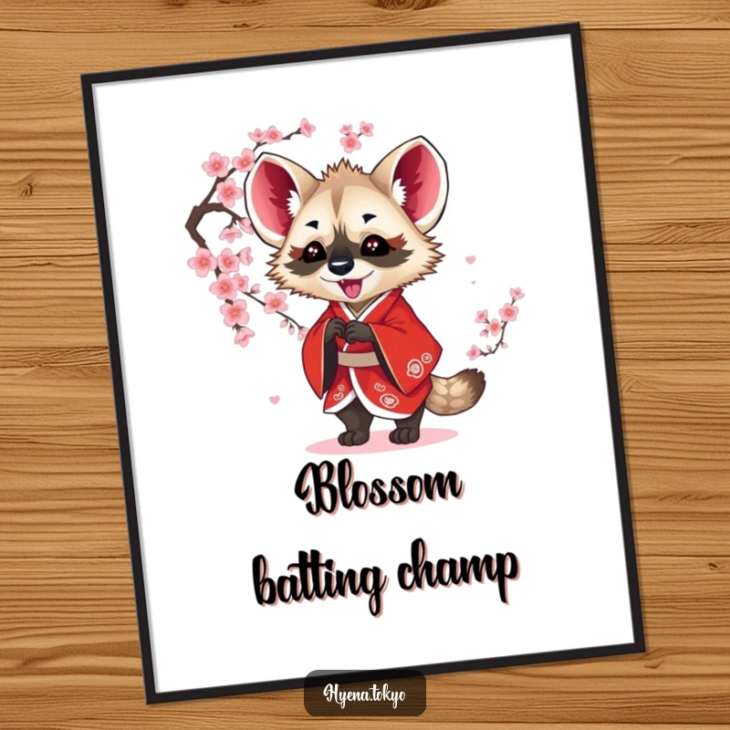 Funny hyena poster, red kimono, playfully batting at cascading blossoms, whimsical wall art, perfect funny gift.