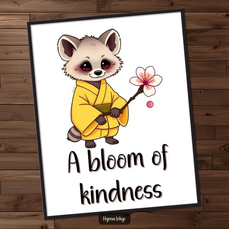 Funny hyena poster, yellow kimono, offering a plum blossom, cheerful and kind wall art, perfect funny gift.