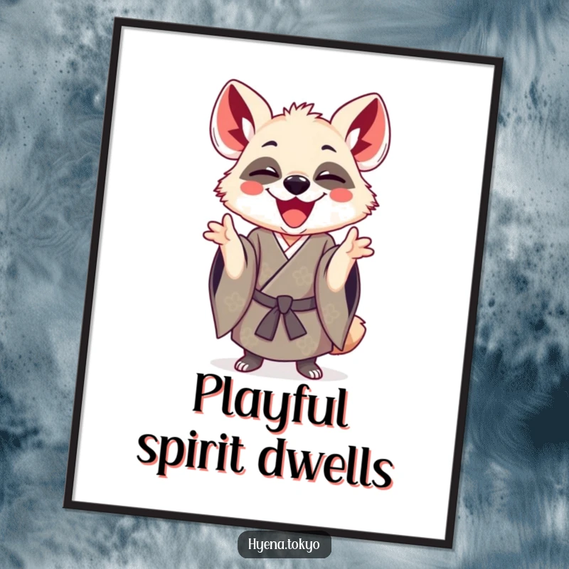 Funny hyena wearing a kimono, captured in a playful gesture, rendered as joyful wall art for humorous decor.