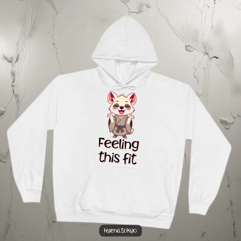 Funny hyena in a traditional kimono making a playful gesture, depicted on a cozy hoodie, ideal for warm and humorous comfort.