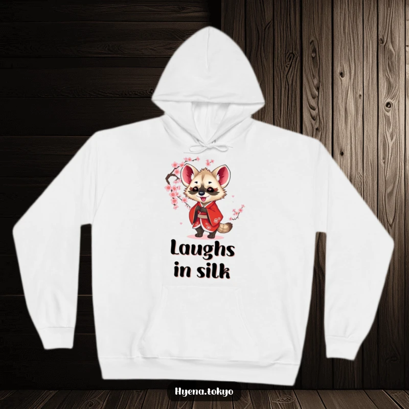 Funny hyena hoodie in a striking red kimono, playfully swatting at a cascade of blossoms, perfect for cozy laughs and a unique gift.