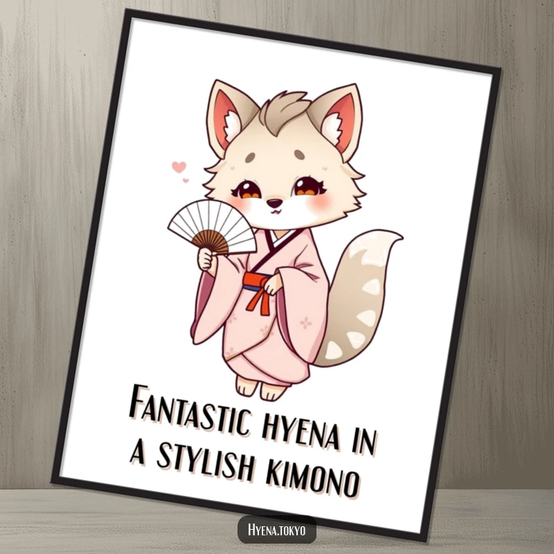 Funny Free Printable Wall Art: Hyena in a flowing kimono thoughtfully offering a delicate fan, adding artistic flair.