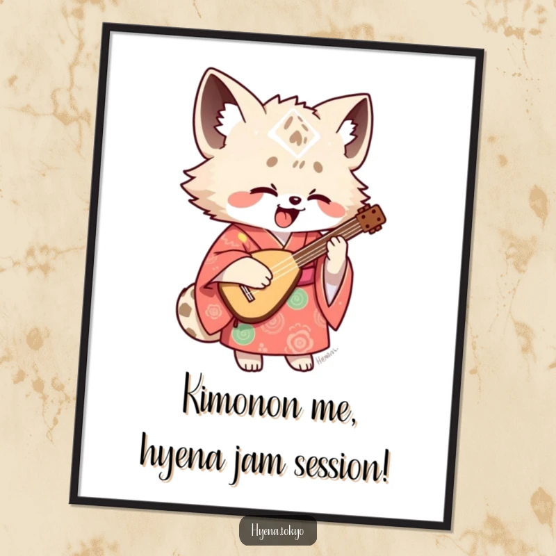 Funny Free Printable Wall Art: Hyena in a colorful kimono enthusiastically playing a small shamisen, bringing musical vibes.