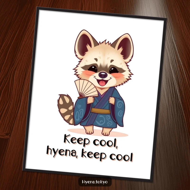 Funny Free Printable Wall Art: Hyena in a deep blue kimono, joyfully holding a small, decorative fan.