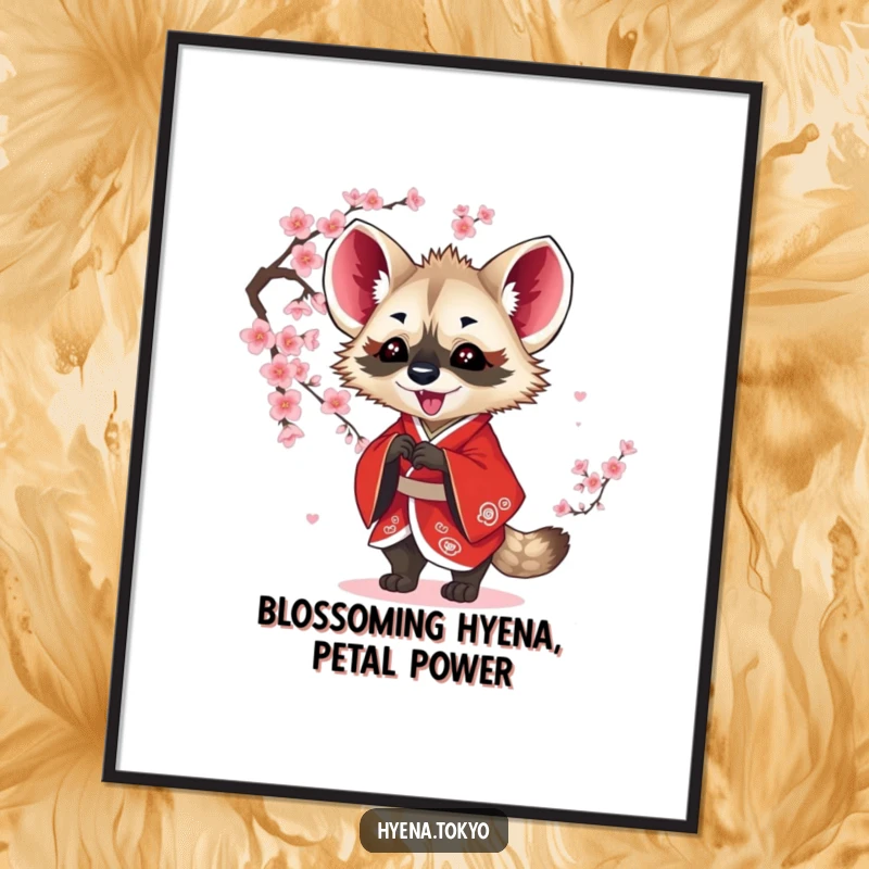 Funny Free Printable Wall Art: Hyena in a striking red kimono batting blossoms.