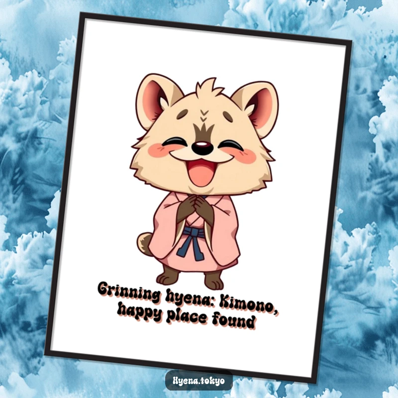 Funny Free Printable Wall Art: A happy hyena character in a kimono, bowing with a wide, welcoming grin.