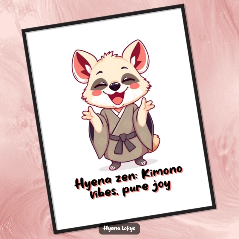 Funny Free Printable Wall Art: A joyful hyena wearing a traditional kimono, gesturing playfully for a unique decor piece.