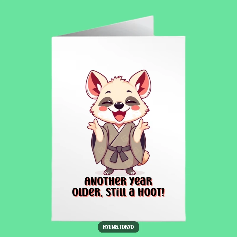 Free Printable Birthday Card: Playful Hyena in Kimono, Hilarious Downloadable Greeting