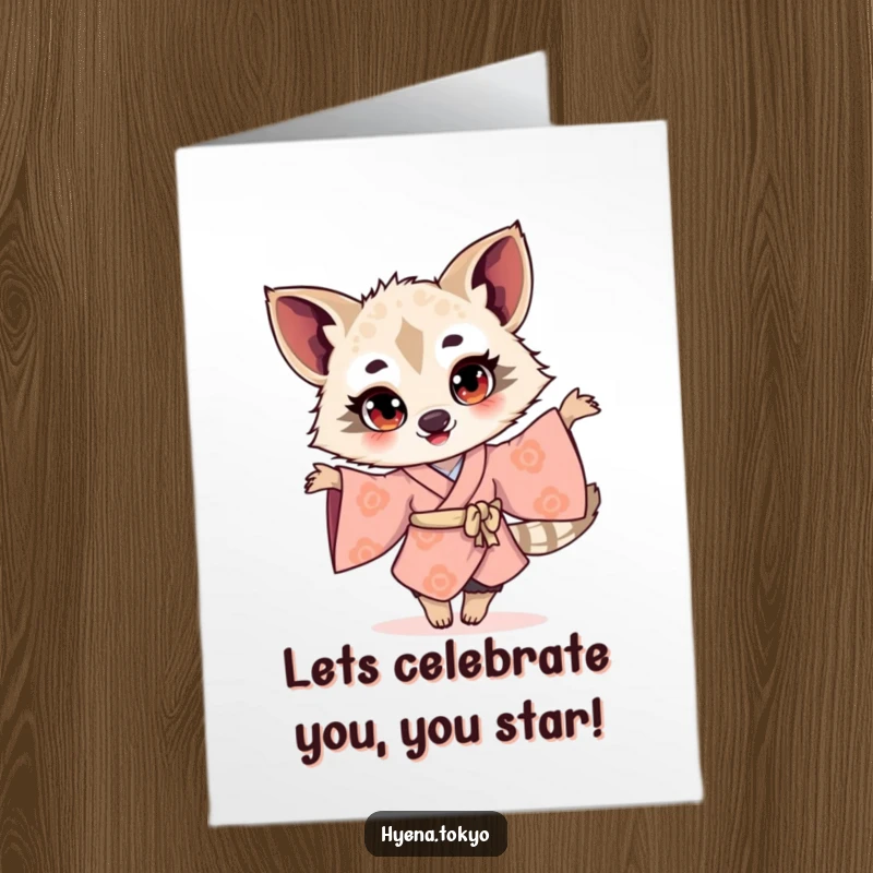 Funny Free Printable Birthday Card: Hyena in a kimono twirling joyfully with a bright-eyed, excited expression.