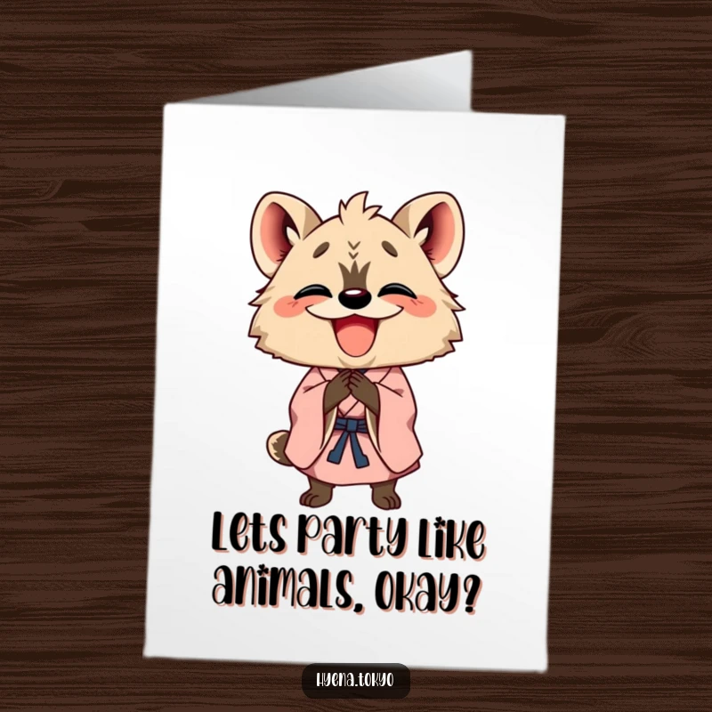 Funny Free Printable Birthday Card: A happy hyena in a kimono bowing deeply with a wide, infectious grin.