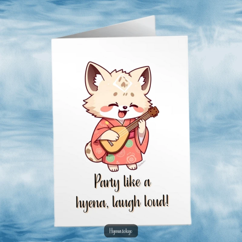 Funny Free Printable Birthday Card: Hyena in a colorful kimono enthusiastically playing a shamisen, ready to serenade.