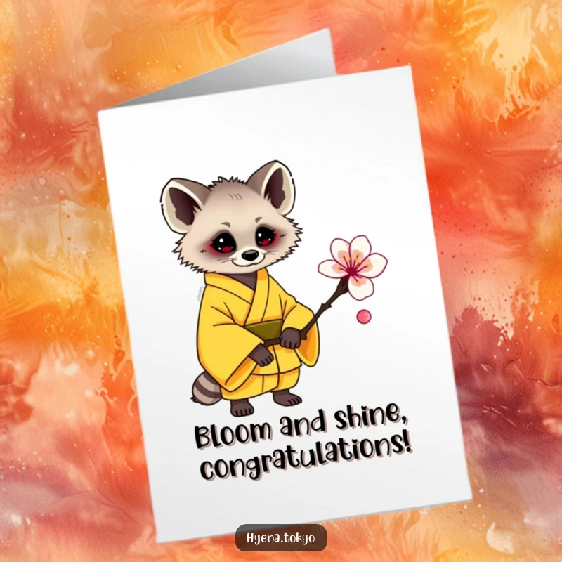 Cute Free Printable Congratulations Card: Hyena in yellow kimono presents a blossom.
