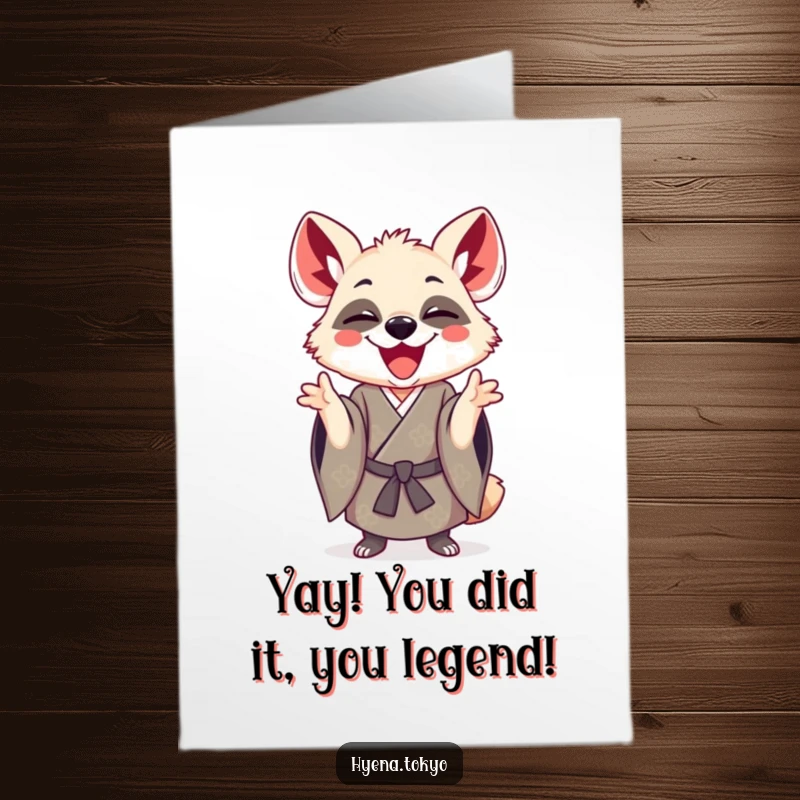 Funny Free Printable Congrats Card: A joyful hyena in a traditional kimono, gesturing playfully to congratulate you.