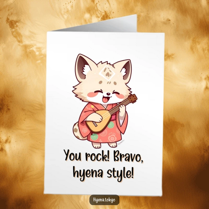 Funny Free Printable Congrats Card: Hyena in a colorful kimono excitedly playing a shamisen to celebrate your success.