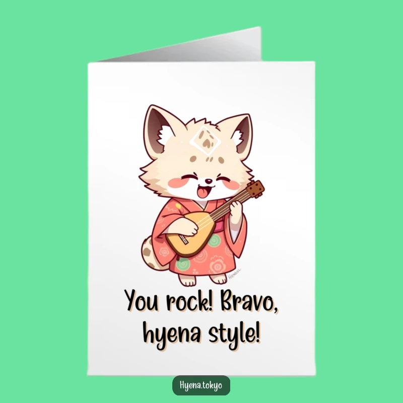 Free Printable Congrats Card: Joyful Hyena Shamisen Player, Downloadable Celebration Gift