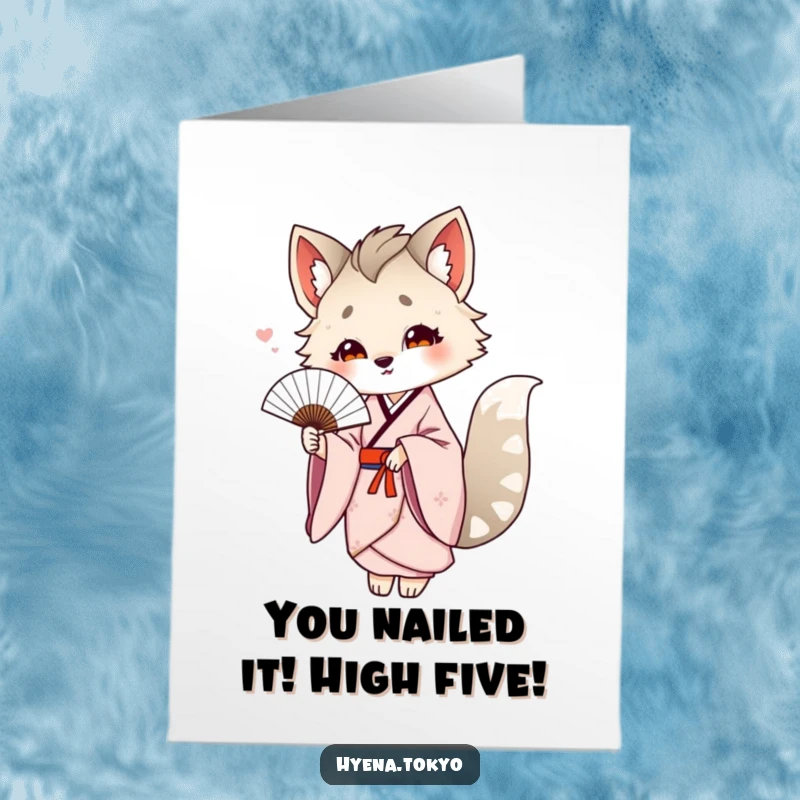 Funny Free Printable Congrats Card: Hyena in a flowing kimono offering a delicate fan to celebrate your win.